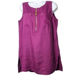 Ellen Tracy Magenta 100% Linen Sleeveless Tunic Top Gold Zip Tassel M Resort
